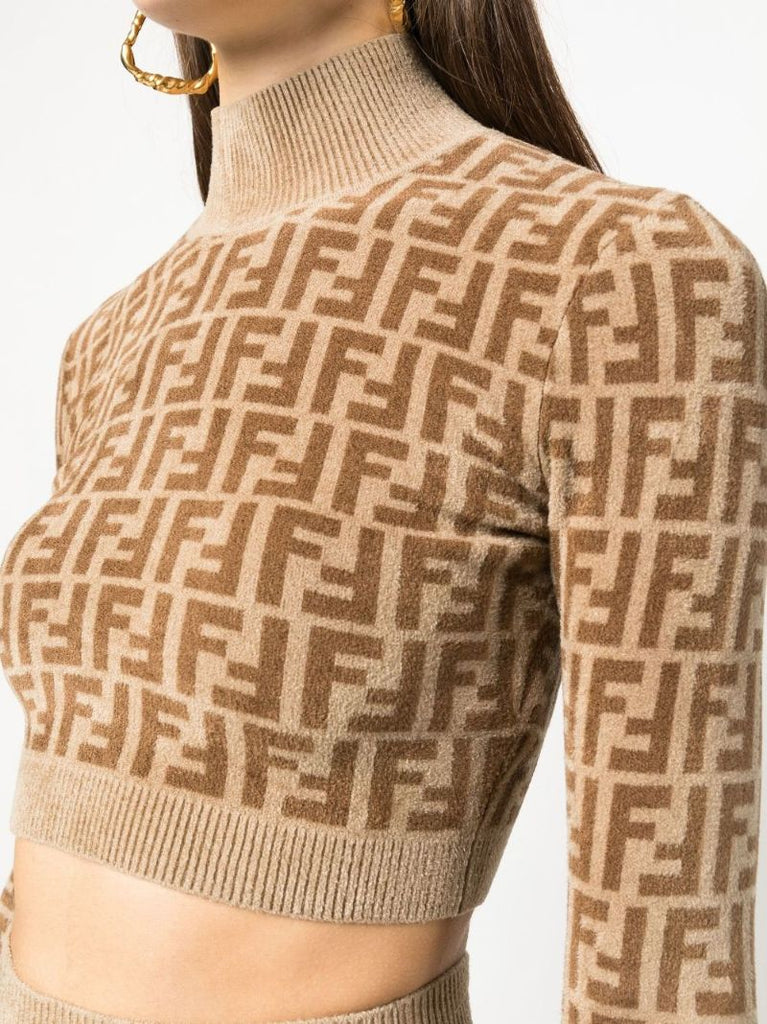 Brown  Ff Logo Knitted Crop Top