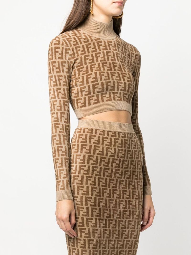 Brown  Ff Logo Knitted Crop Top