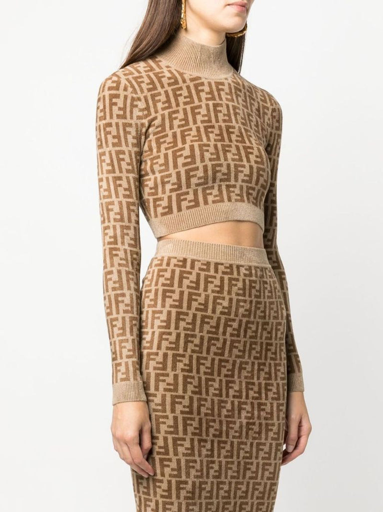 Brown  Ff Logo Knitted Crop Top