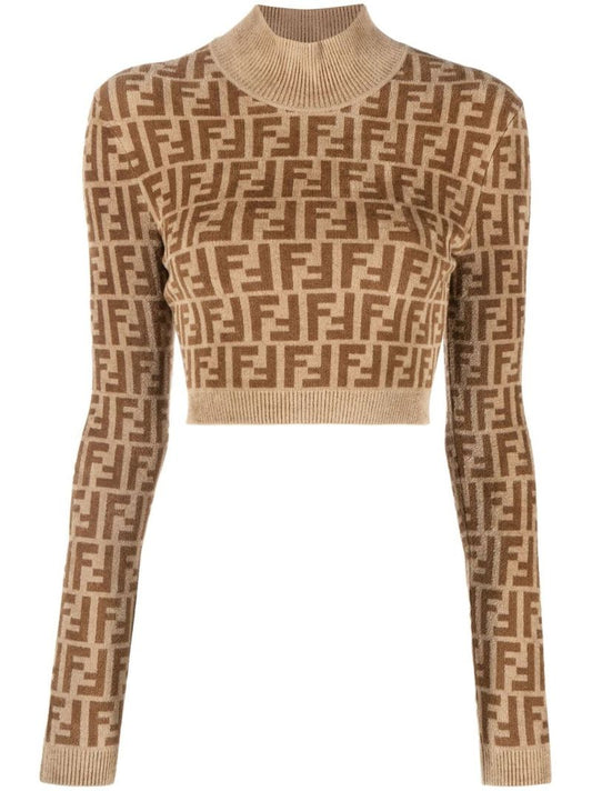 Brown  Ff Logo Knitted Crop Top