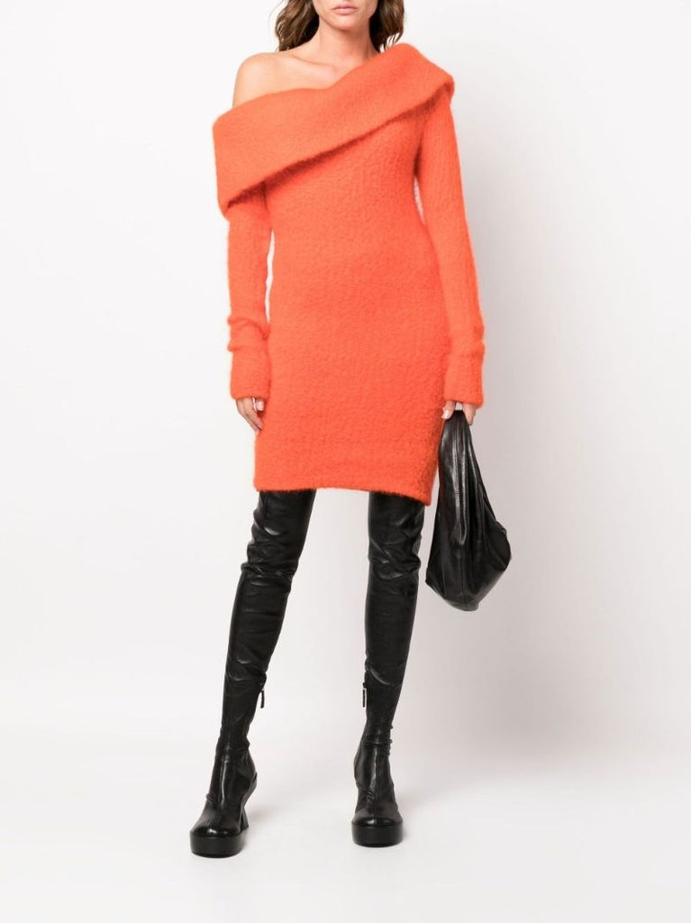 Orange Aria Off-the-shoulder Knitted Dress