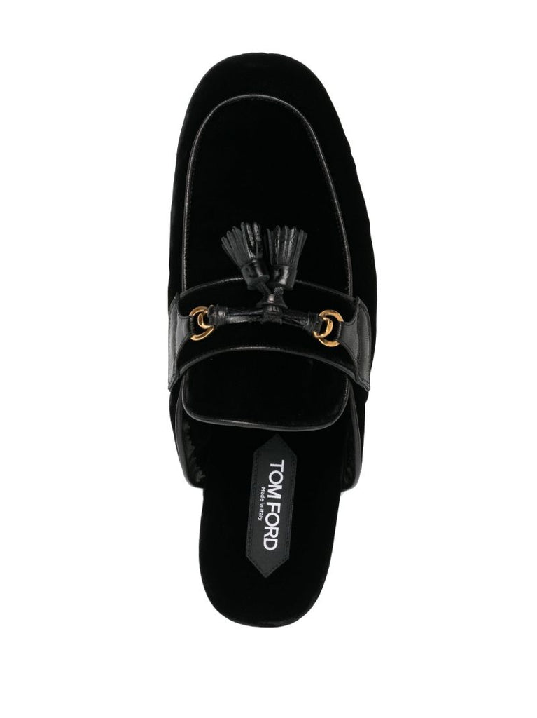 Black Tassel Trim Velvet Slippers