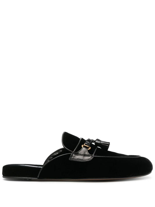 Black Tassel Trim Velvet Slippers