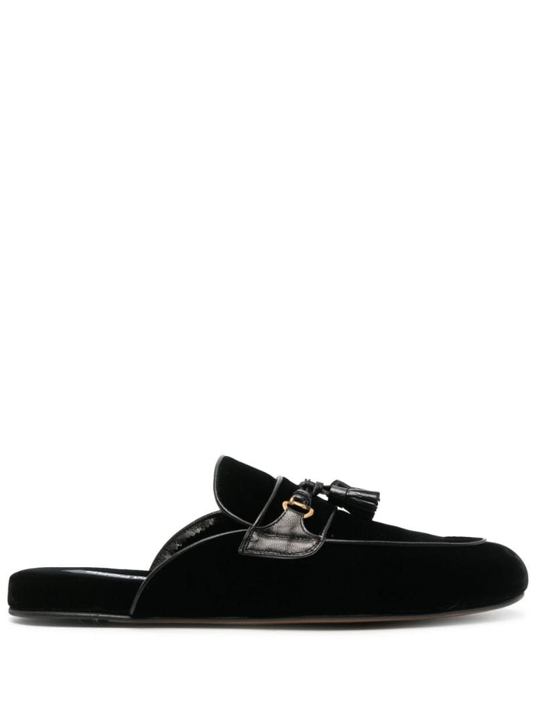 Black Tassel Trim Velvet Slippers