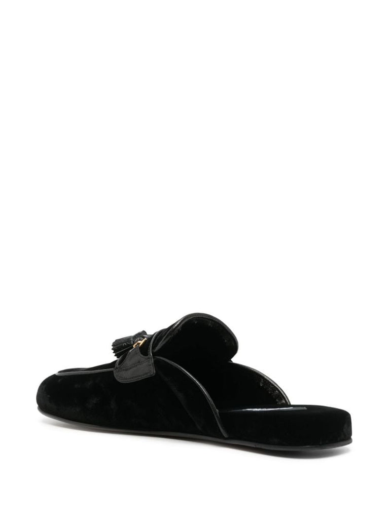Black Tassel Trim Velvet Slippers