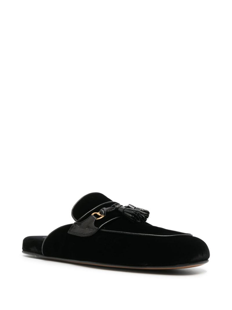 Black Tassel Trim Velvet Slippers