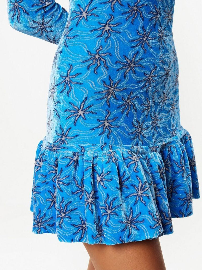 Blue Floral Print Velvet Mini Dress