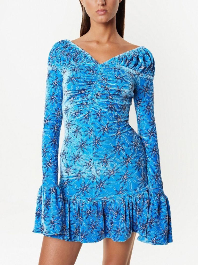Blue Floral Print Velvet Mini Dress