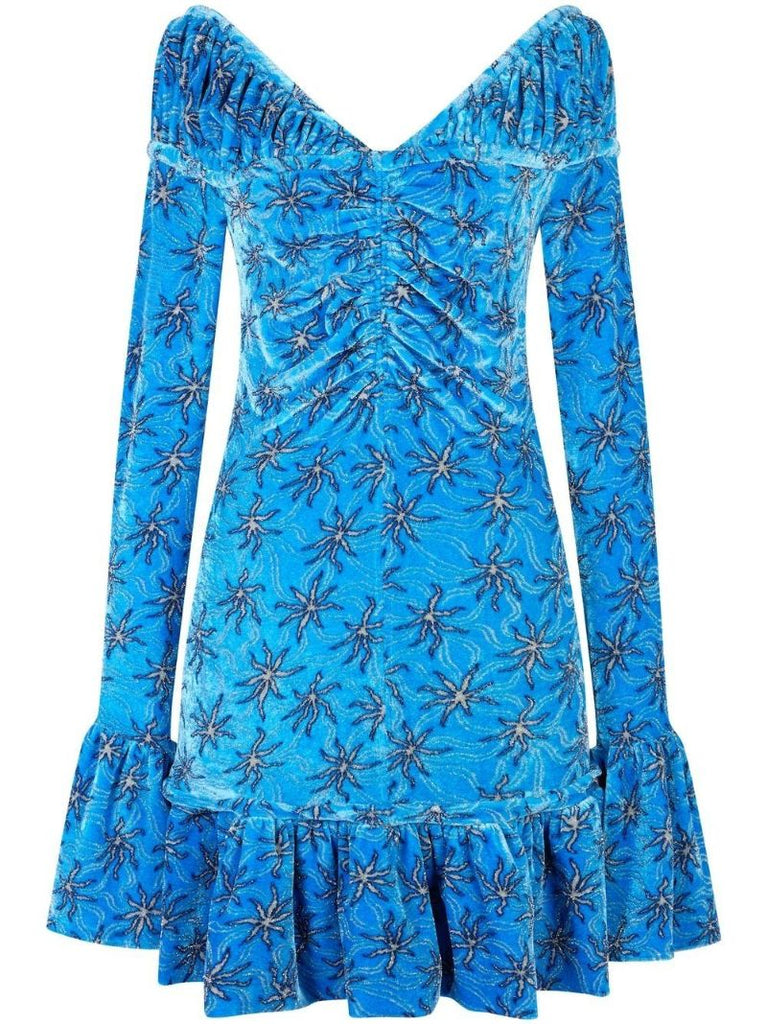 Blue Floral Print Velvet Mini Dress