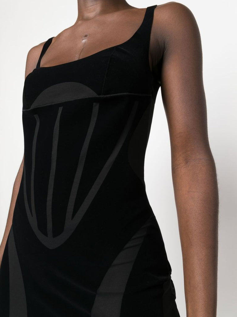 X Mugler Black Flock Panelled Mini Dress