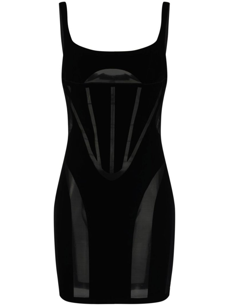 X Mugler Black Flock Panelled Mini Dress
