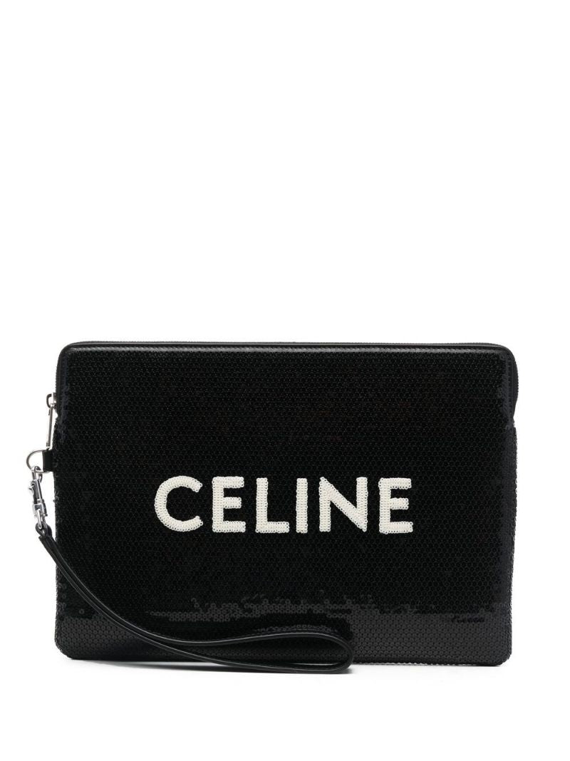 Black Sequin Logo Print Clutch Bag