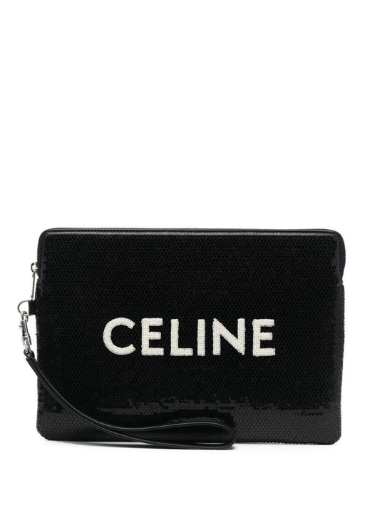 Black Sequin Logo Print Clutch Bag