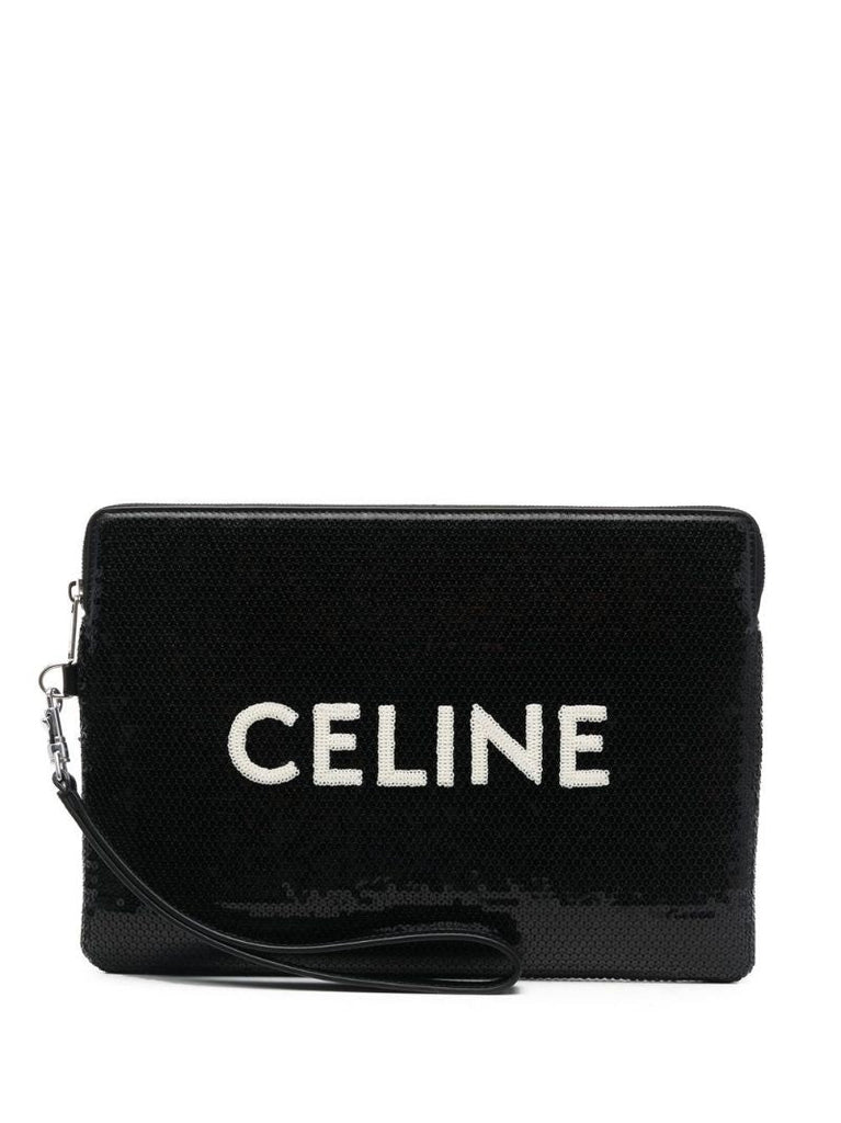 Black Sequin Logo Print Clutch Bag