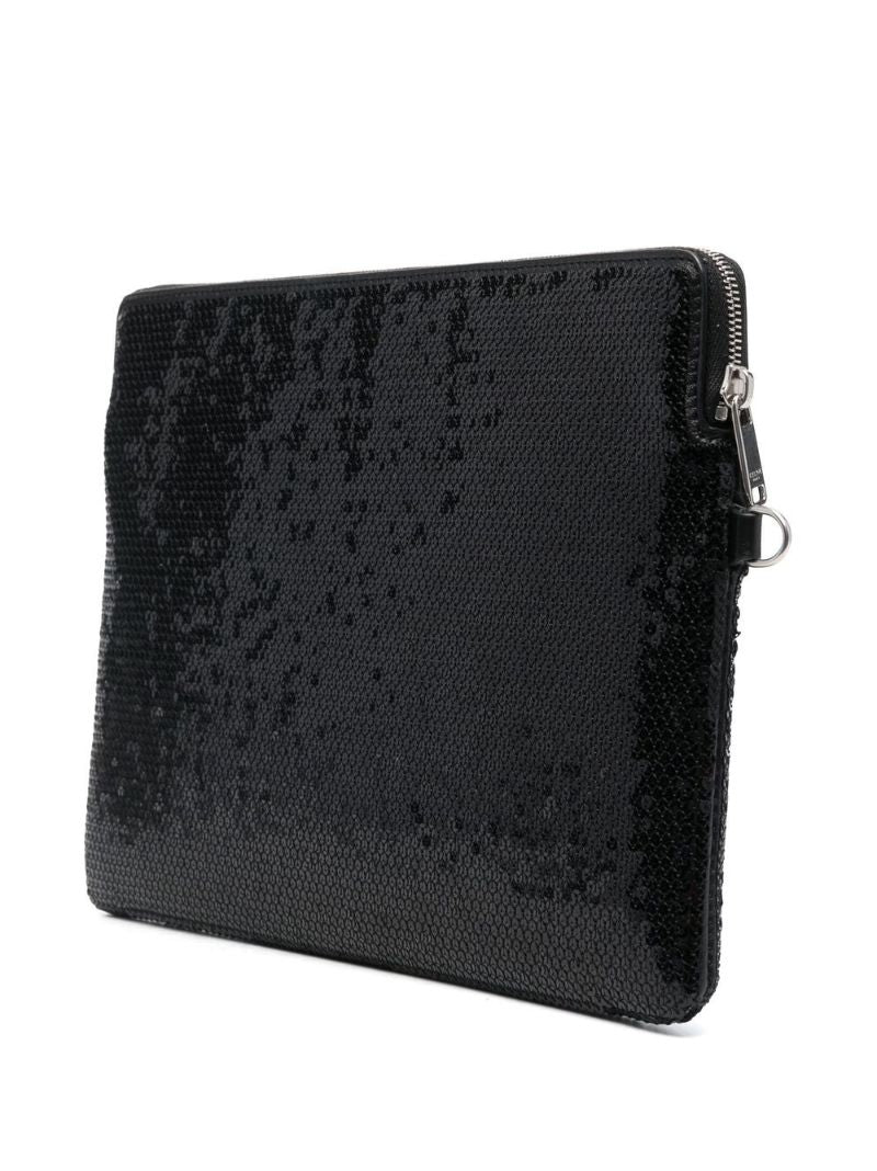 Black Sequin Logo Print Clutch Bag