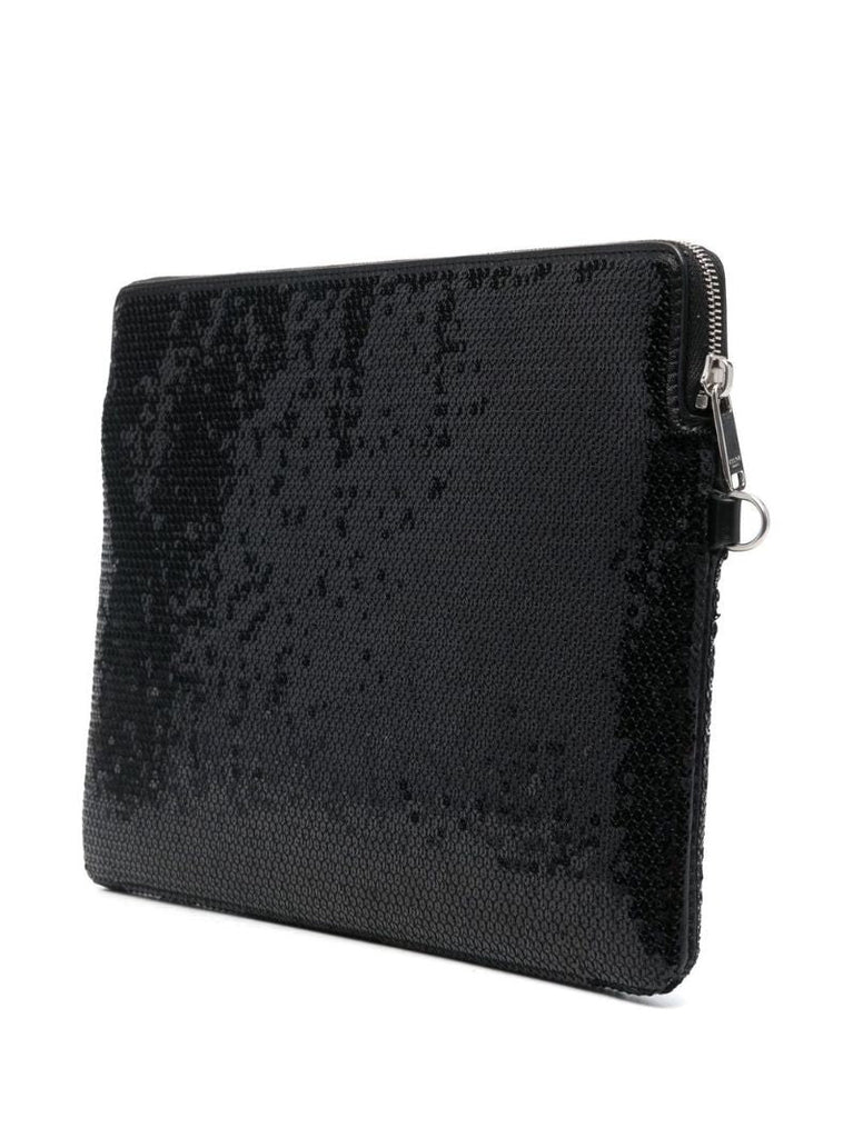 Black Sequin Logo Print Clutch Bag