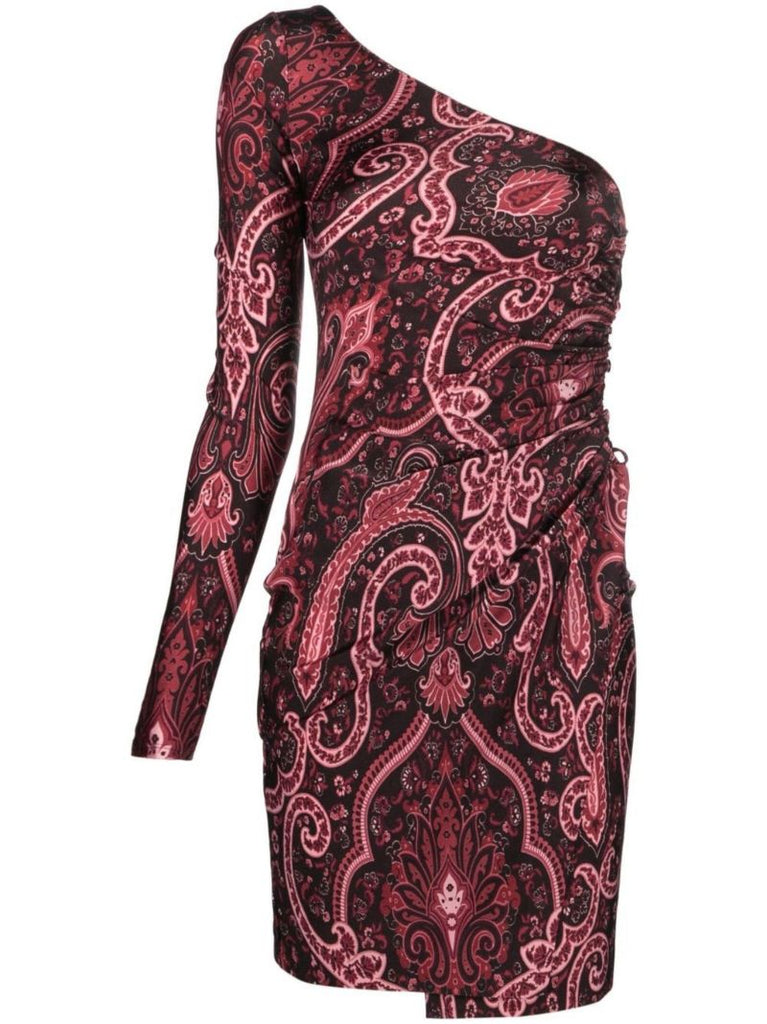 Red Paisley Print One-shoulder Dress