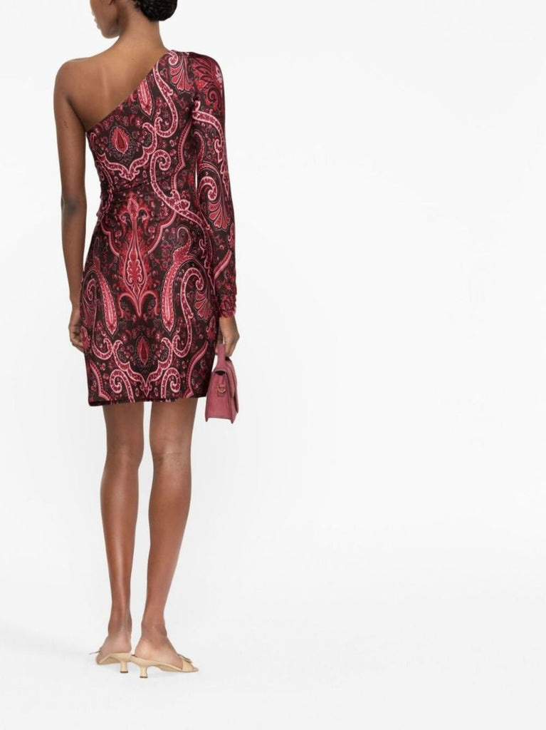 Red Paisley Print One-shoulder Dress