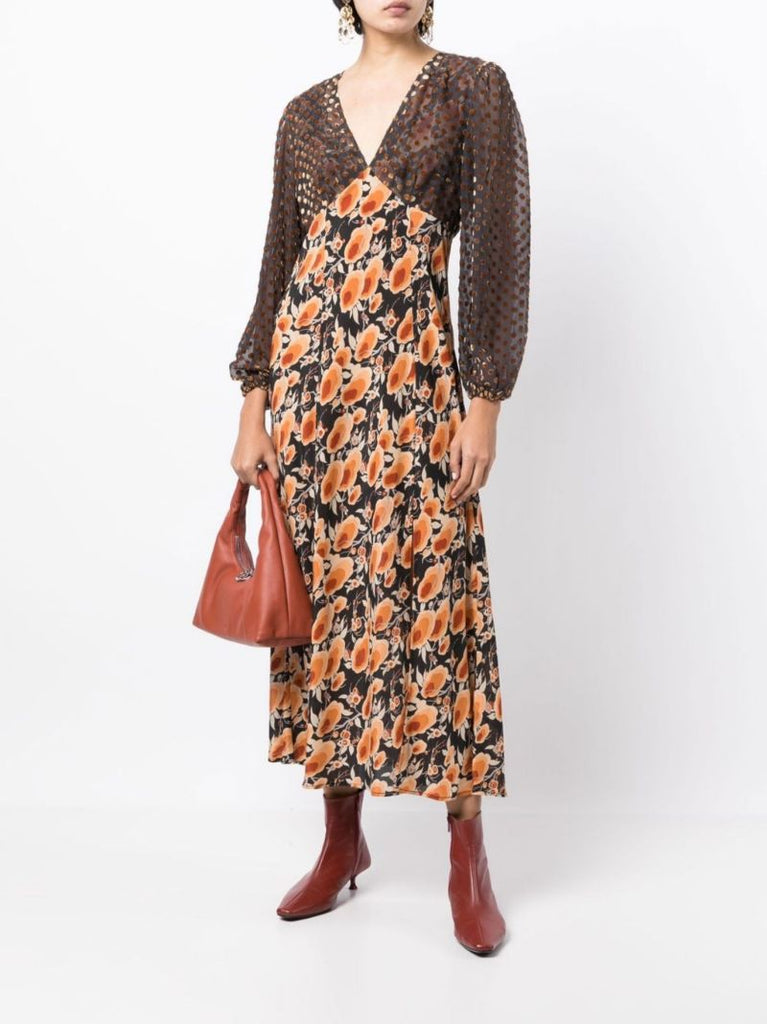 Black Melanie Floral Silk Midi Dress