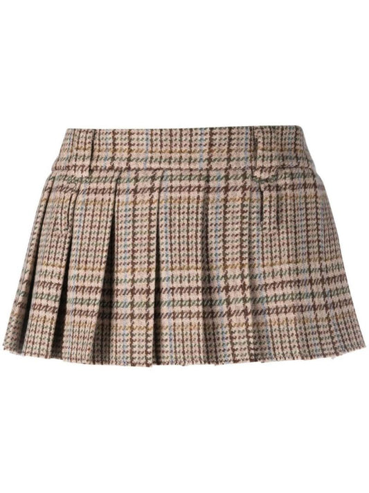 Neutral Pleated Tartan Mini Skirt