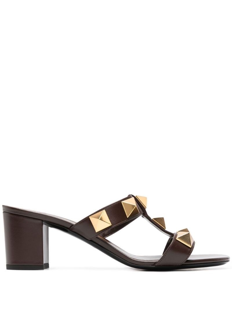 Brown Rockstud T-bar Leather Sandals