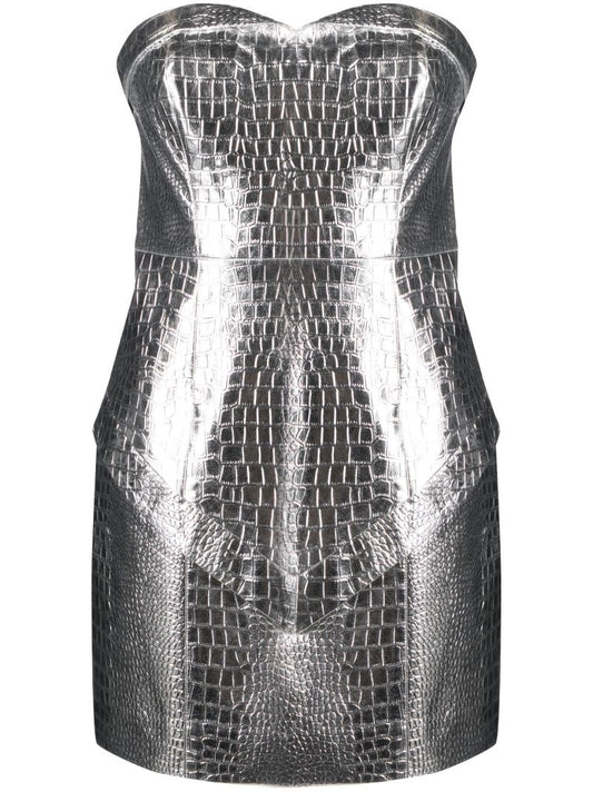 Silver Mock Croc Faux Leather Mini Dress