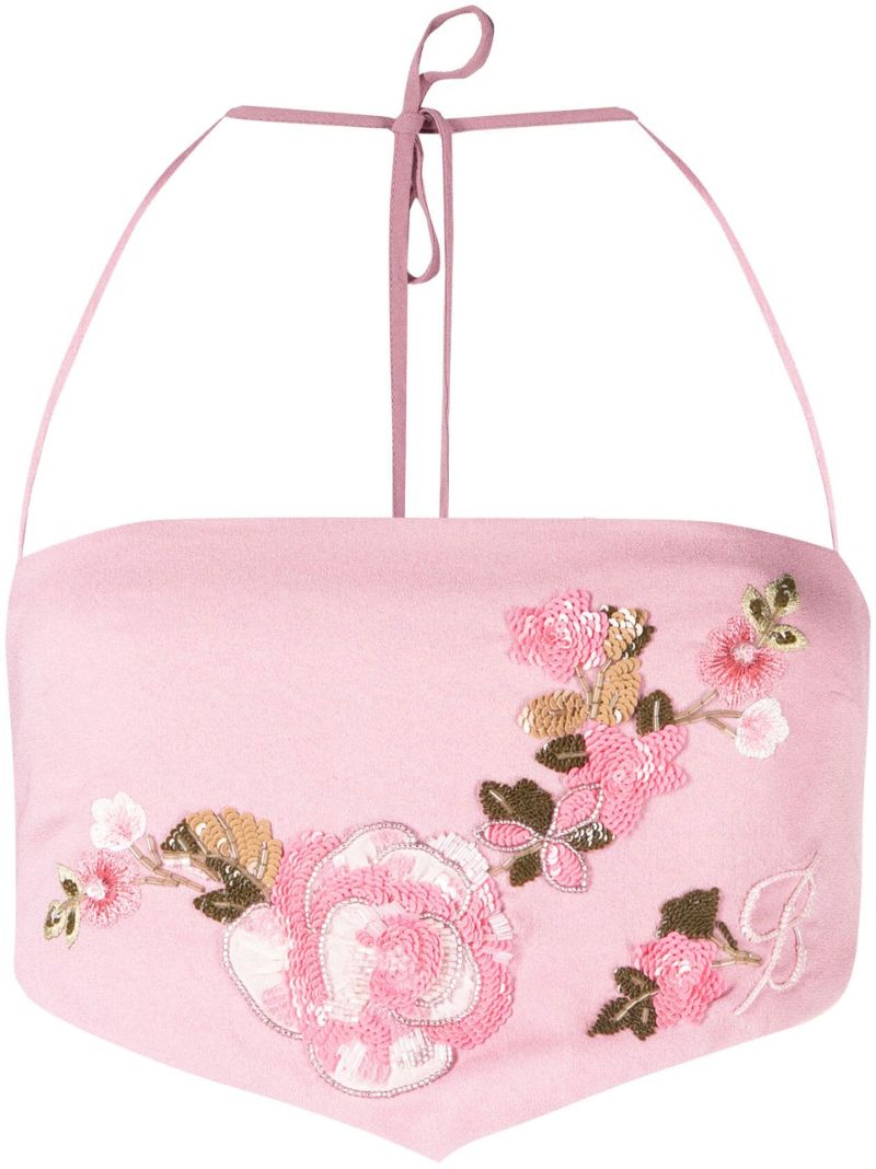Pink Floral Embroidered Crop Cami Top