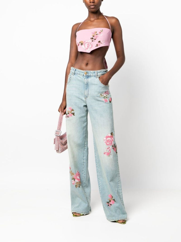 Pink Floral Embroidered Crop Cami Top