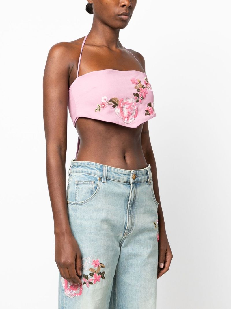 Pink Floral Embroidered Crop Cami Top