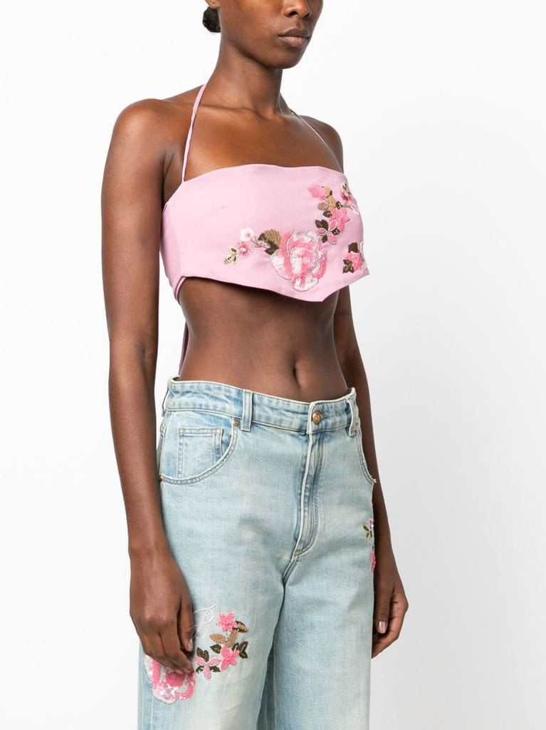 Pink Floral Embroidered Crop Cami Top