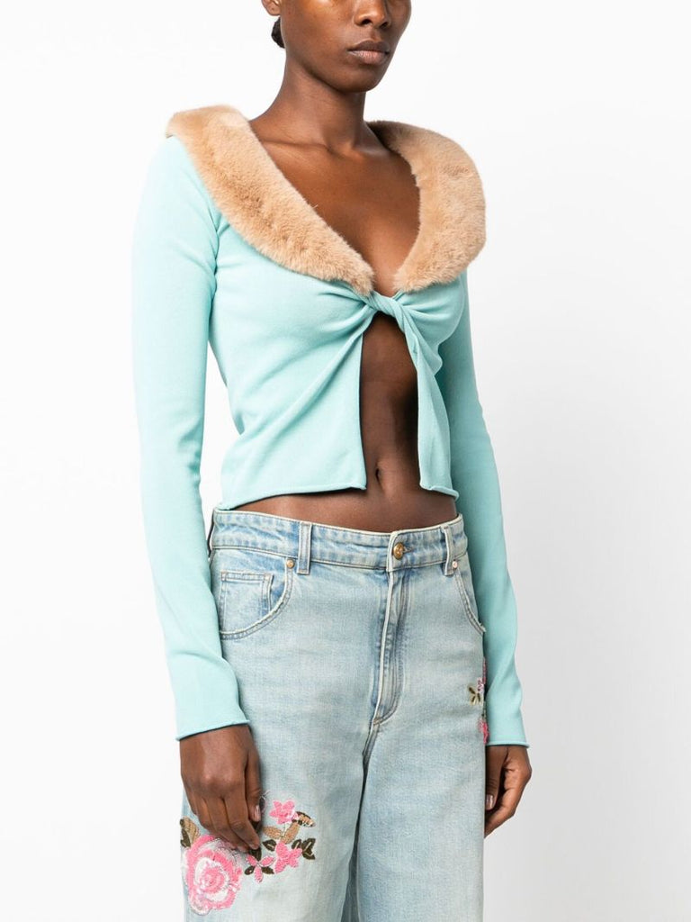 Blue Faux-fur Collar Twist Cardigan
