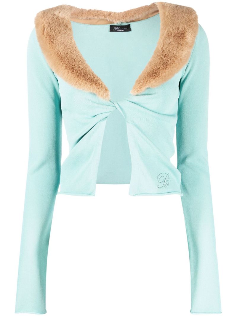 Blue Faux-fur Collar Twist Cardigan