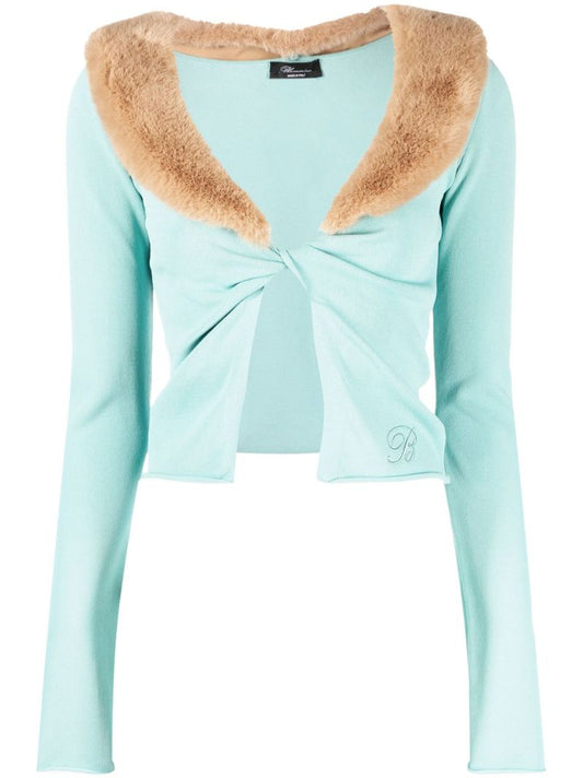 Blue Faux-fur Collar Twist Cardigan