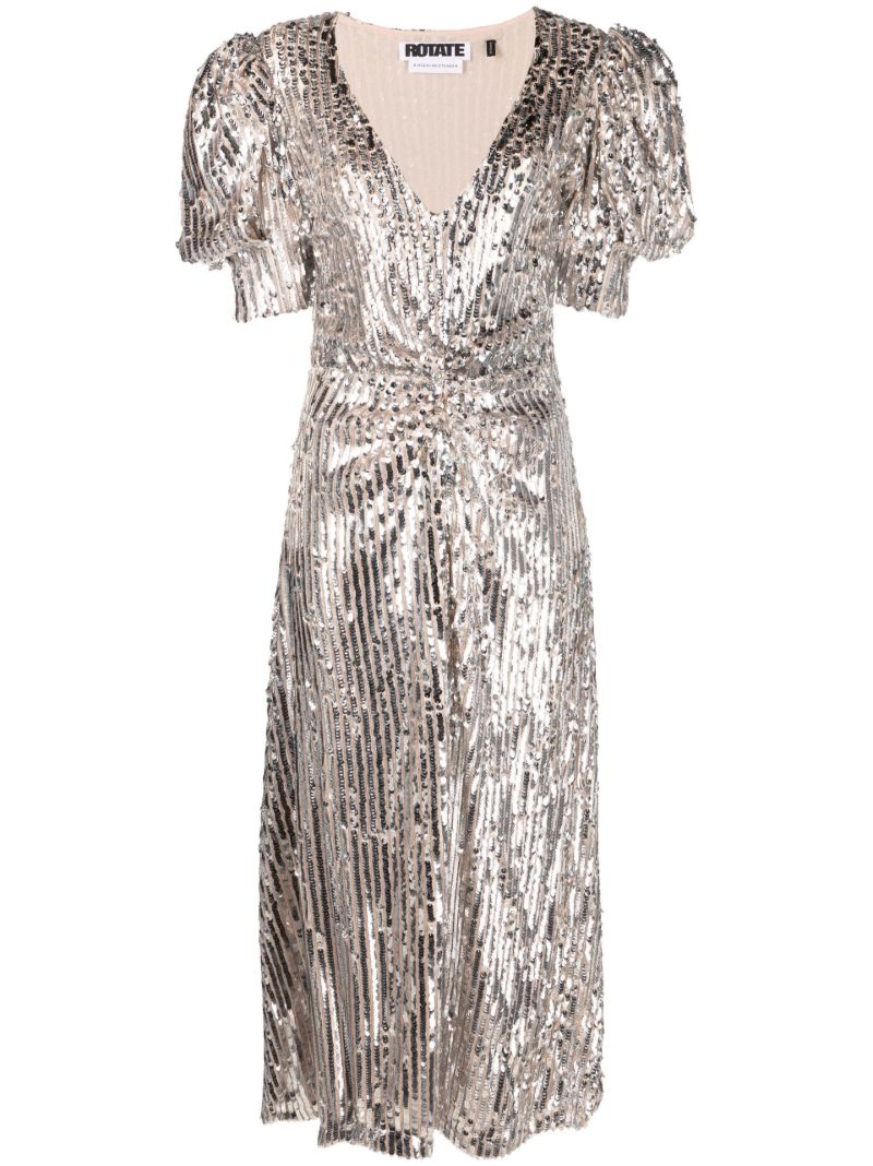 Silver Sequin Puff-sleeve Midi Dress