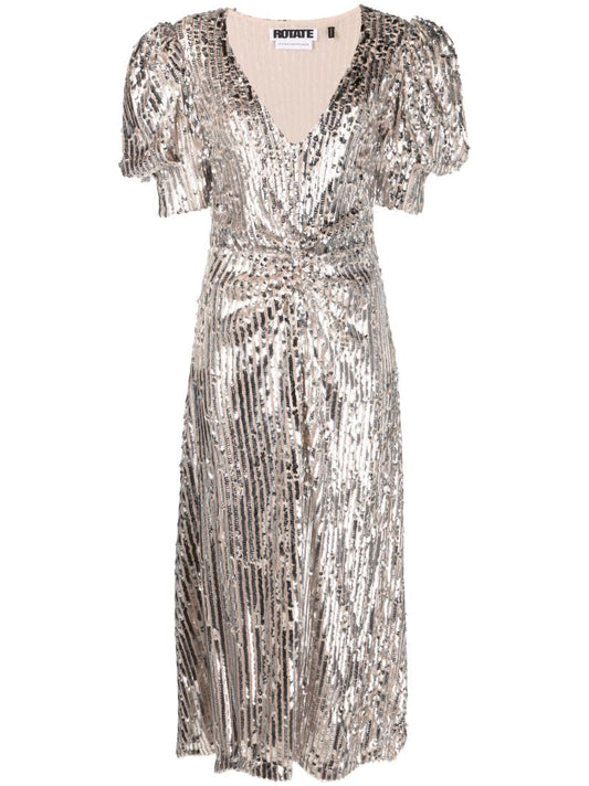 Silver Sequin Puff-sleeve Midi Dress