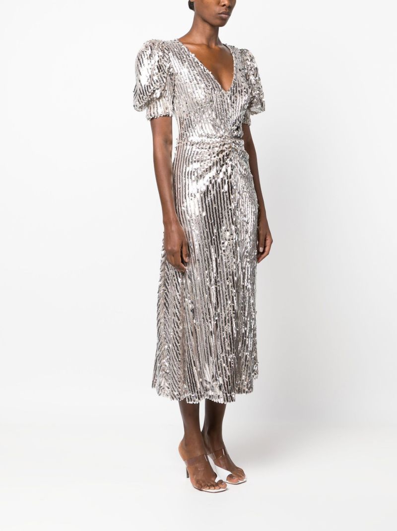 Silver Sequin Puff-sleeve Midi Dress