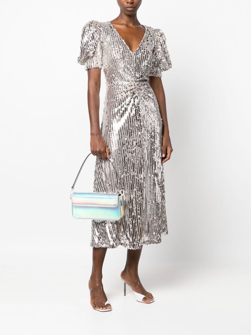 Silver Sequin Puff-sleeve Midi Dress