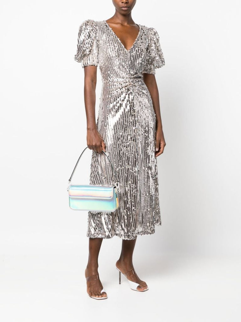 Silver Sequin Puff-sleeve Midi Dress