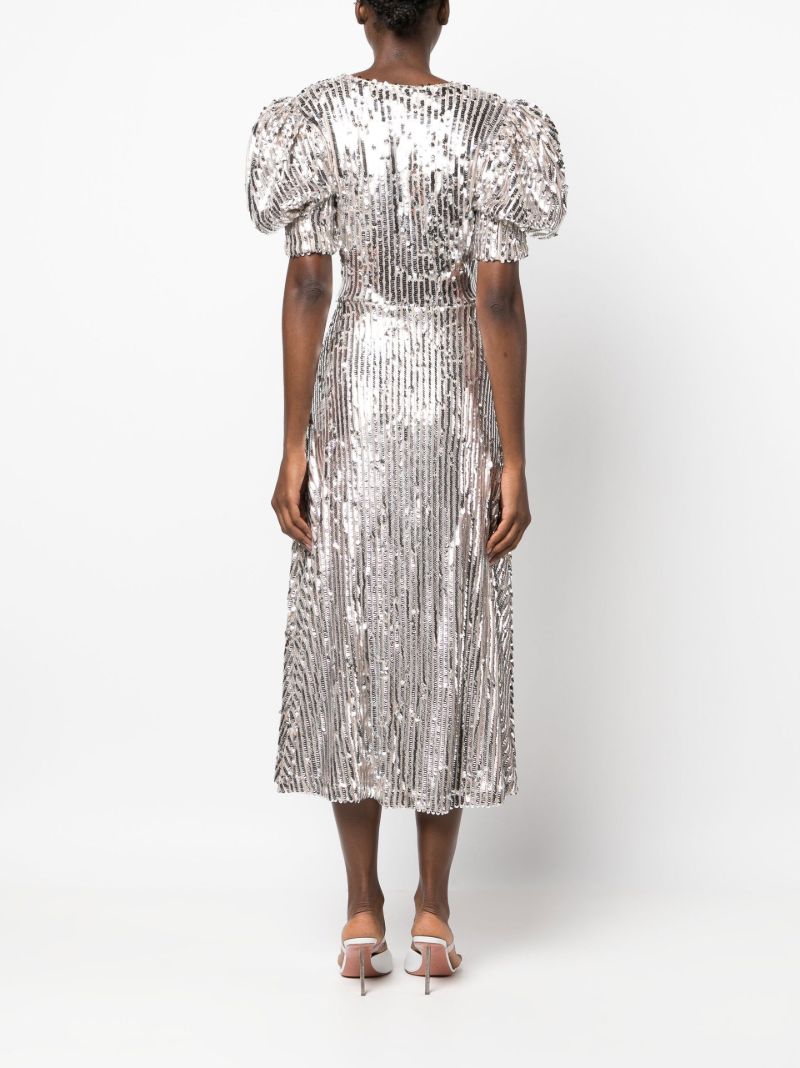 Silver Sequin Puff-sleeve Midi Dress