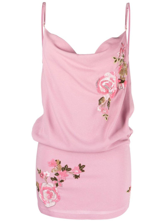 Pink Floral Embroidered Cowl Neck Mini Dress
