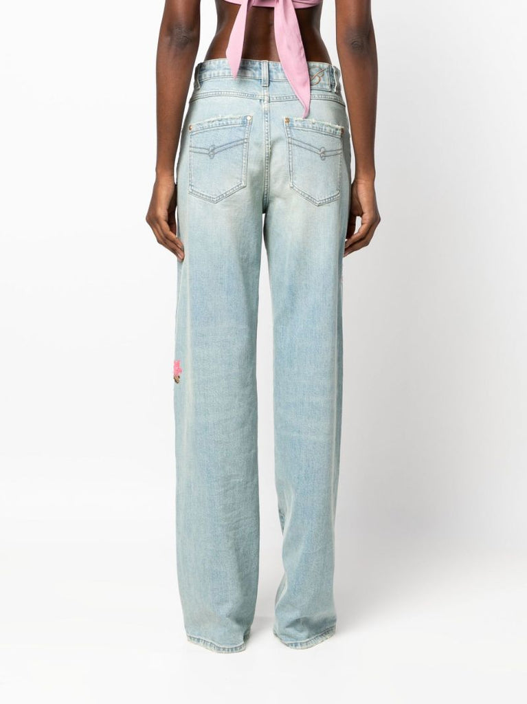 Blue Floral AppliquÃ_x0083_Â© Straight-leg Jeans