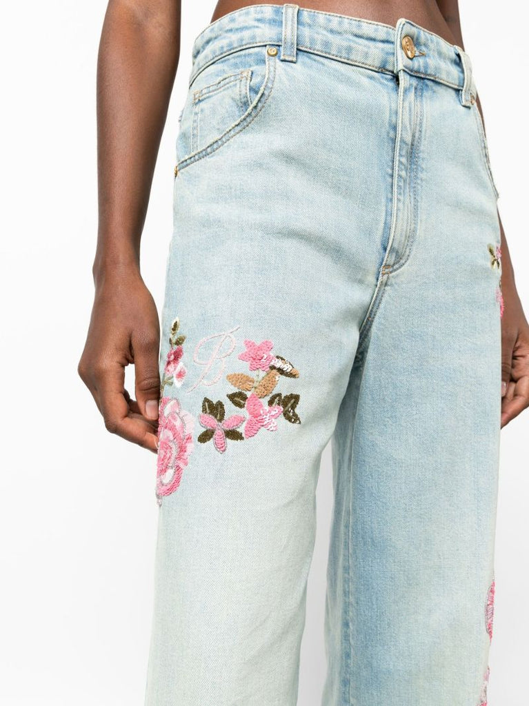 Blue Floral AppliquÃ_x0083_Â© Straight-leg Jeans