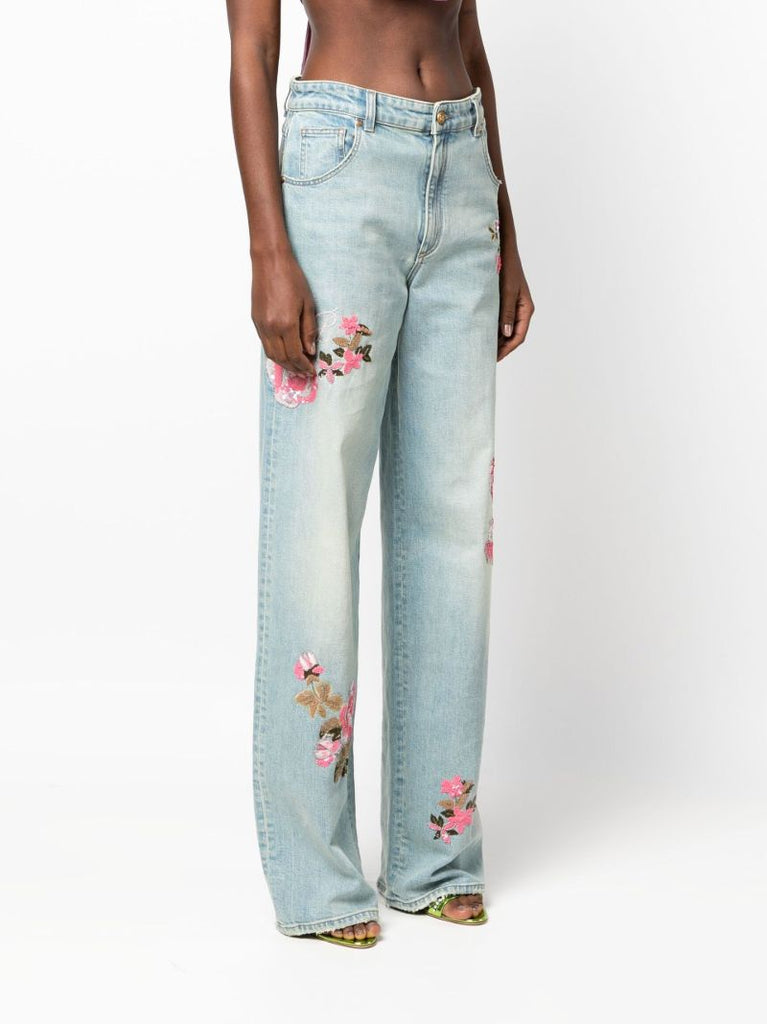 Blue Floral AppliquÃ_x0083_Â© Straight-leg Jeans