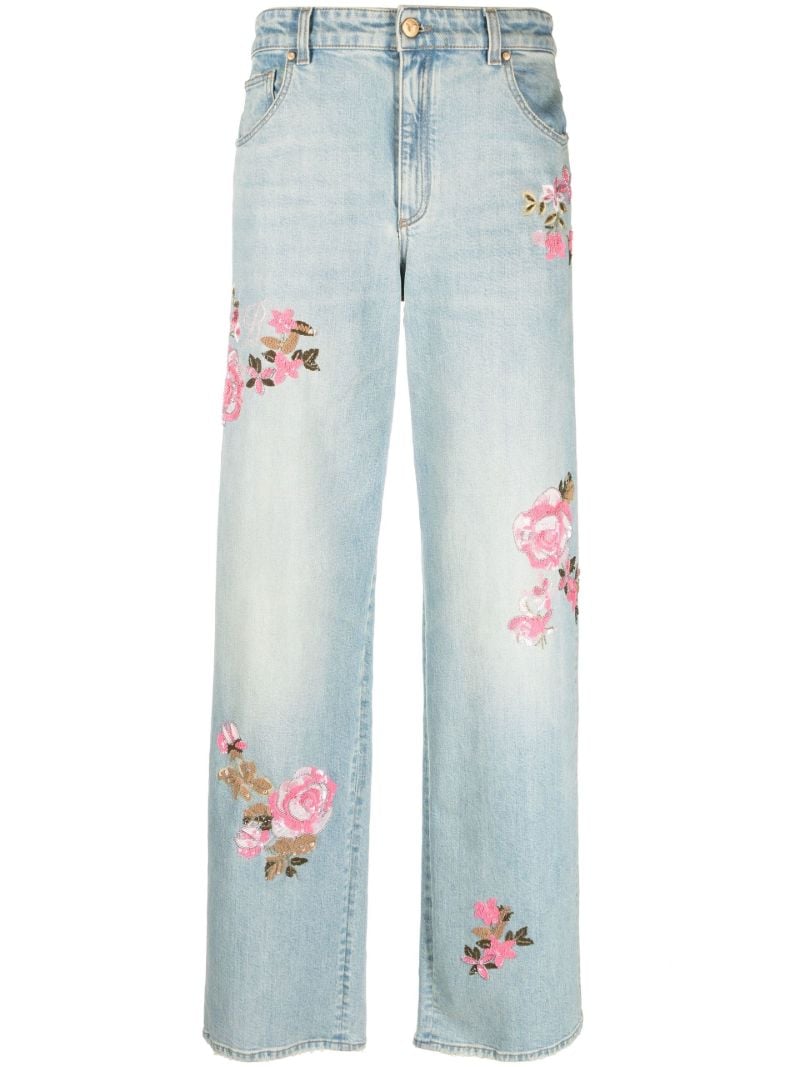 Blue Floral AppliquÃ_x0083_Â© Straight-leg Jeans