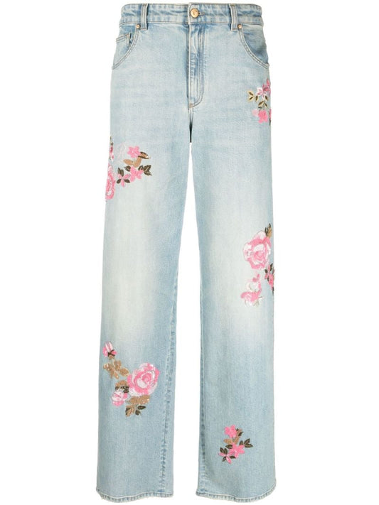 Blue Floral AppliquÃ_x0083_Â© Straight-leg Jeans