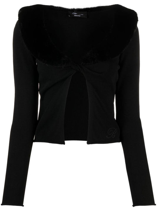 Black Faux-fur Collar Twist Cardigan