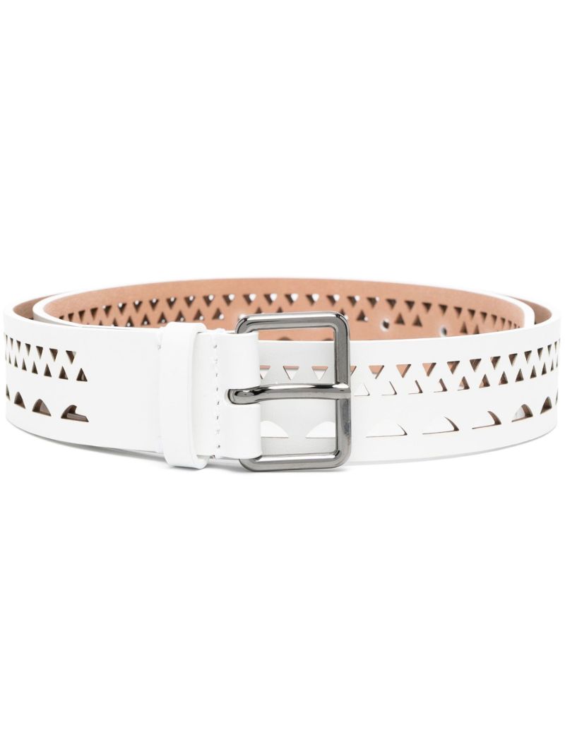White Cut-out Detailed Leather Belt