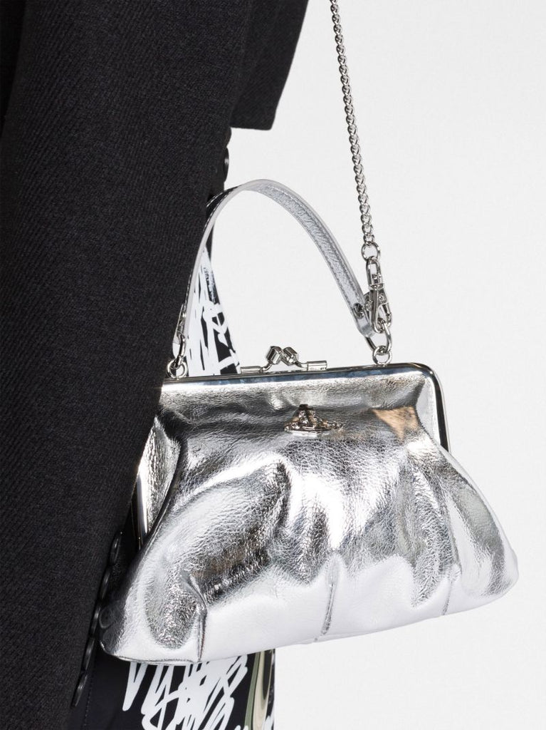 Silver Tone Logo Plaque Metallic Two-way Bag