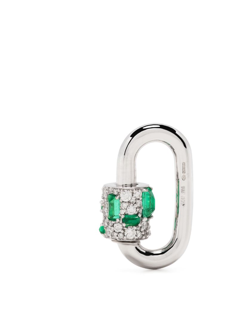 14k White Gold Chubby Medium Lock Emerald and Diamond Pendant