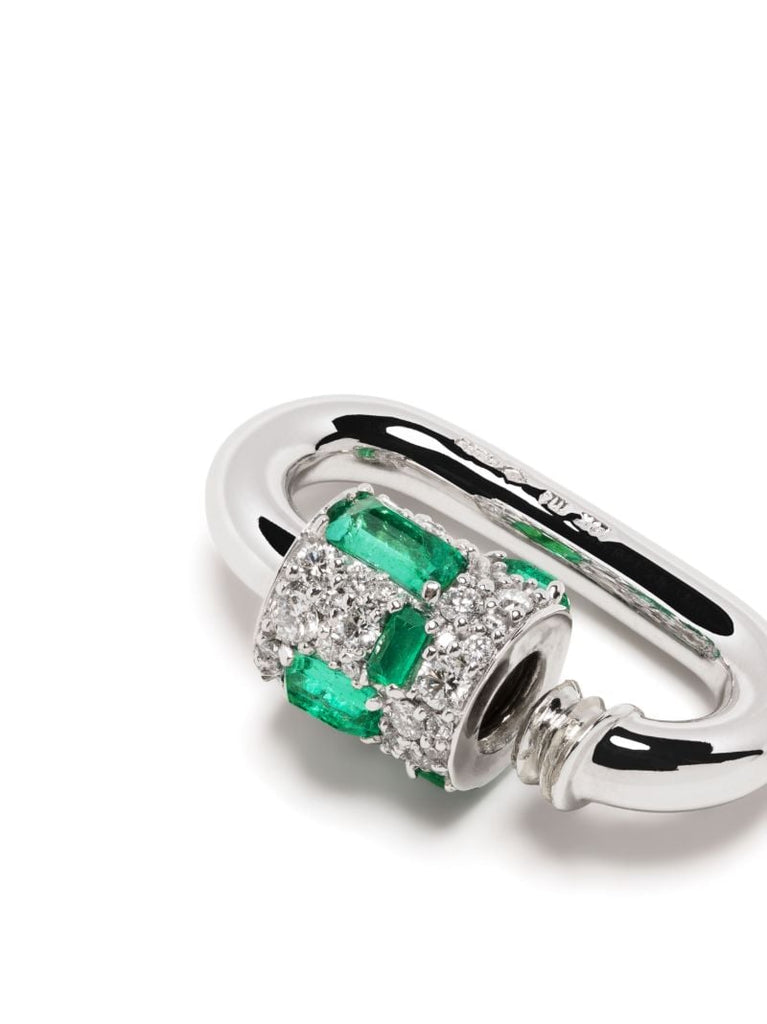 14k White Gold Chubby Medium Lock Emerald and Diamond Pendant